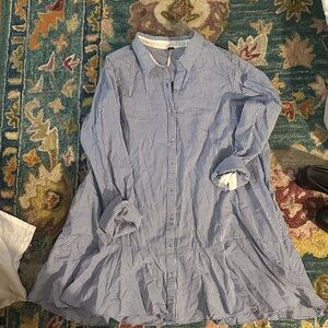 Free People Blue and White Striped Button-Up Dress Large